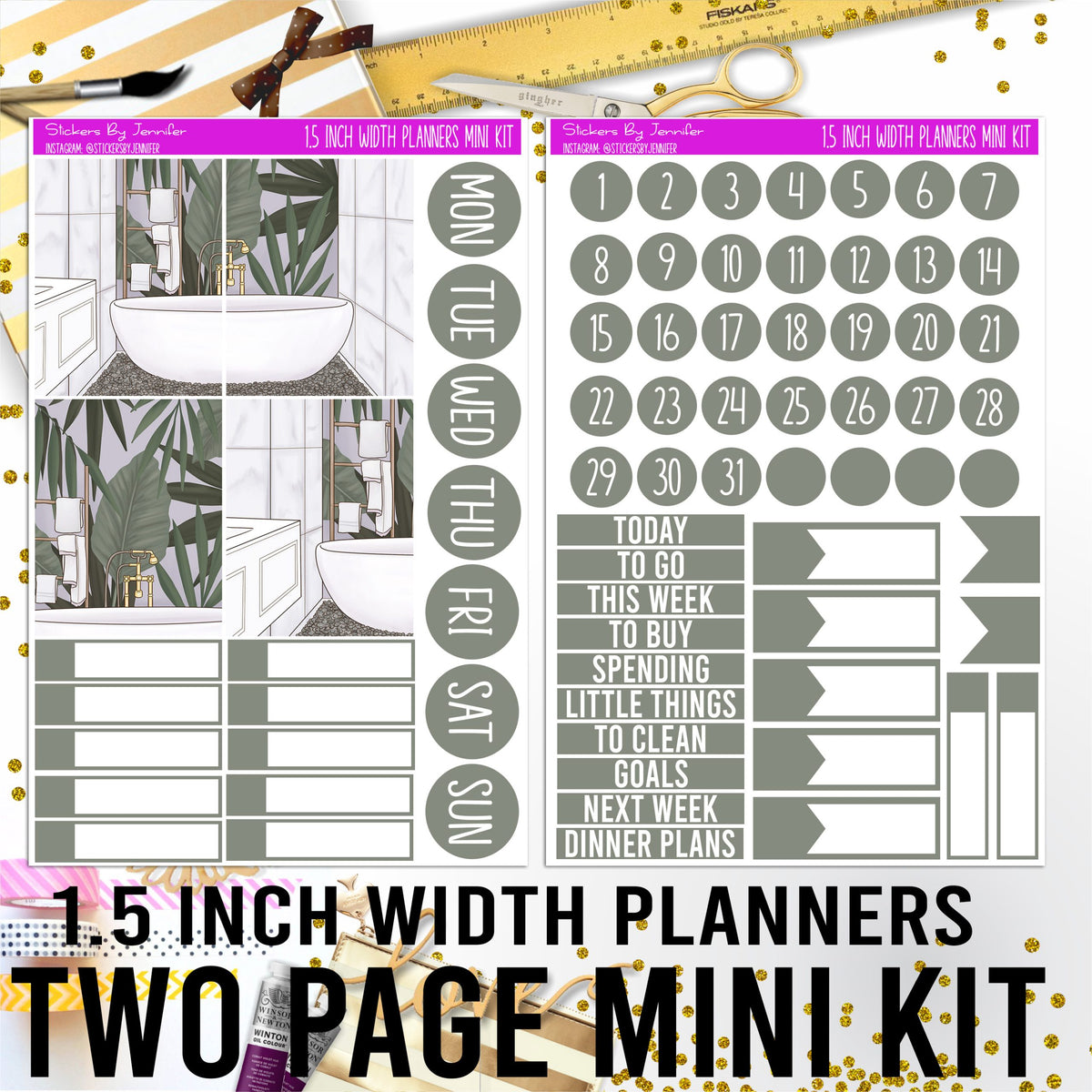 Two Page 1.5 Inch Width Mini Kit 001 Planner Stickers, Bullet Journal Stickers, Functional Planner Stickers, Stationary Stickers