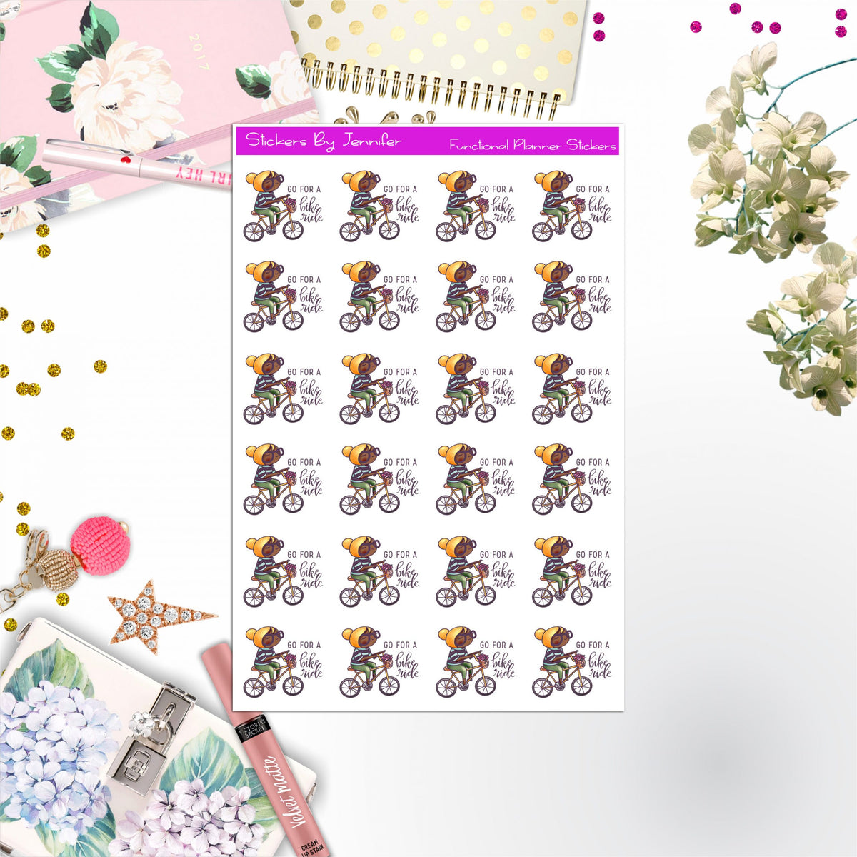 Bike Ride Character Girl Stickers, Planner Stickers, Journal Stickers, Functional Planner Stickers, Stationary Stickers