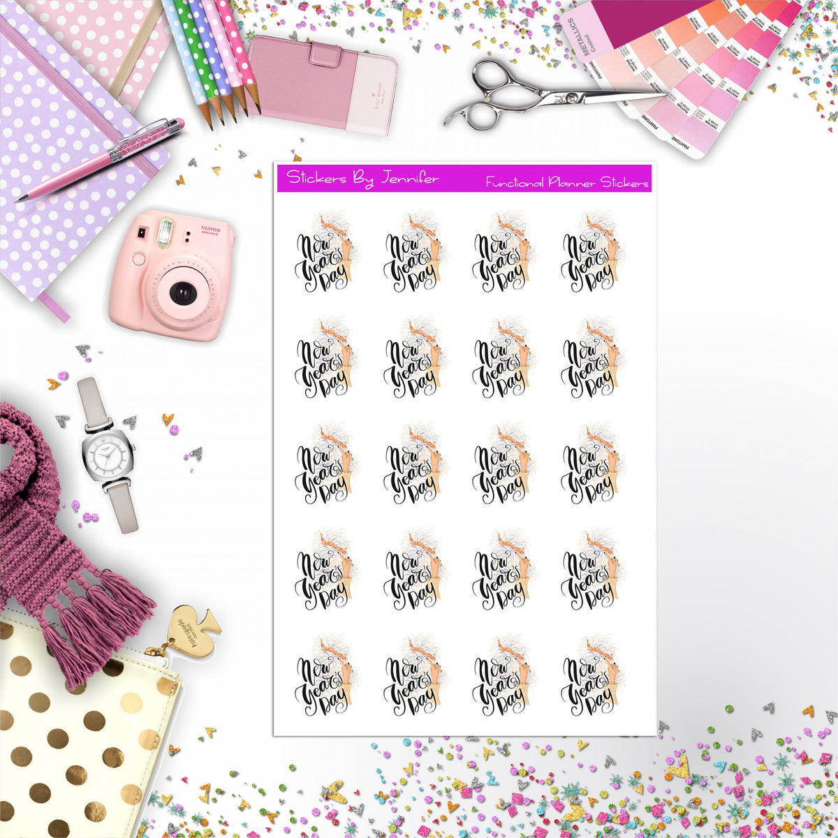 New Year's Day Icon Planner Stickers, Bullet Journal Stickers, Functional Planner Stickers, Stationary Stickers