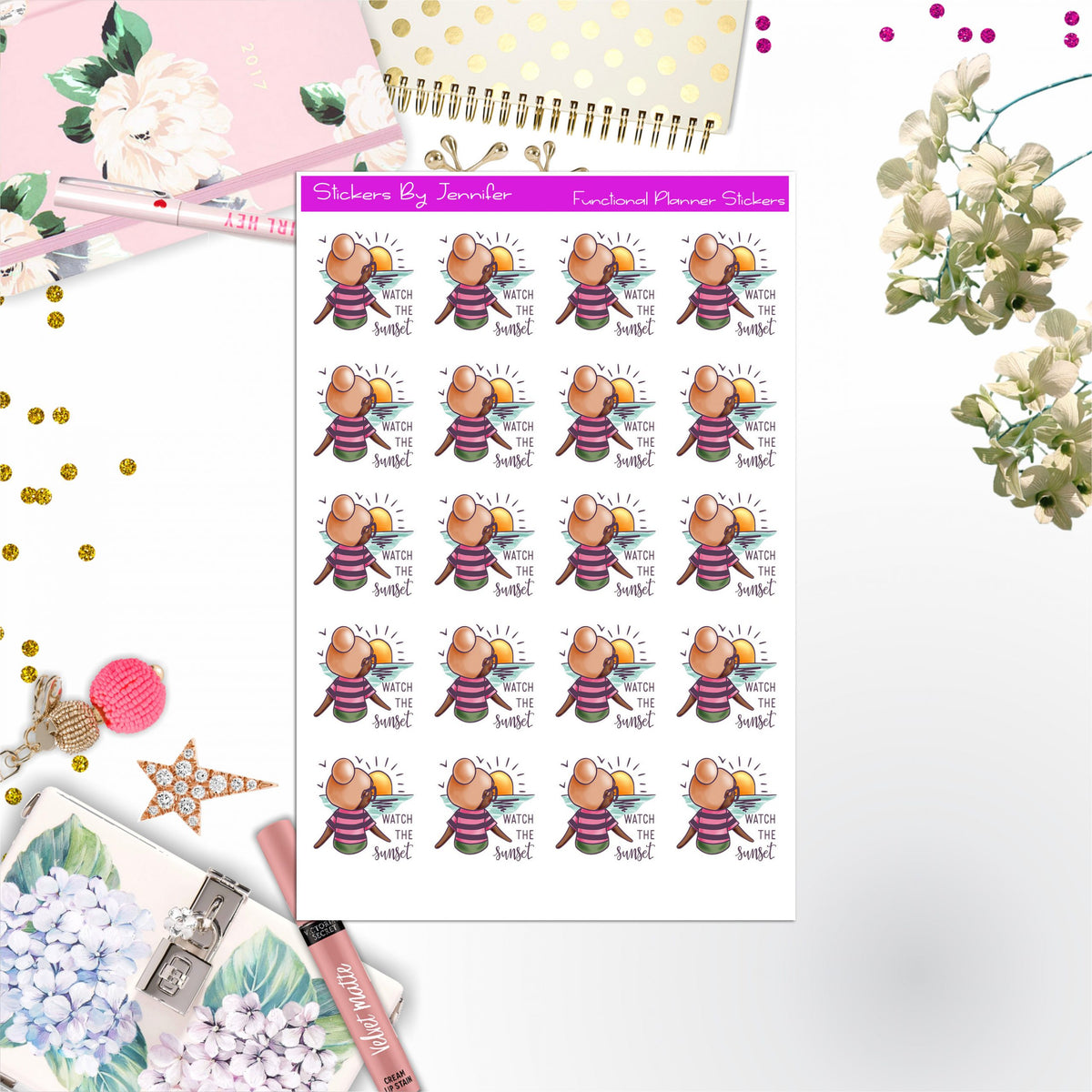 Watch The Sunset Character Girl Stickers, Planner Stickers, Journal Stickers, Functional Planner Stickers, Stationary Stickers