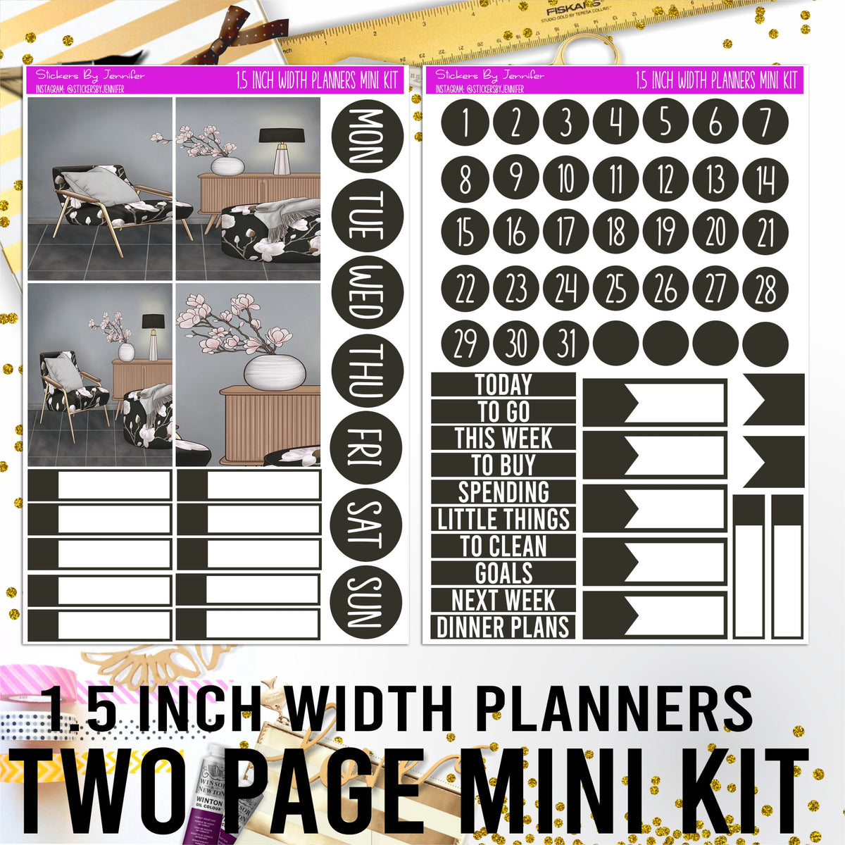 Two Page 1.5 Inch Width Mini Kit 014 Planner Stickers, Bullet Journal Stickers, Functional Planner Stickers, Stationary Stickers