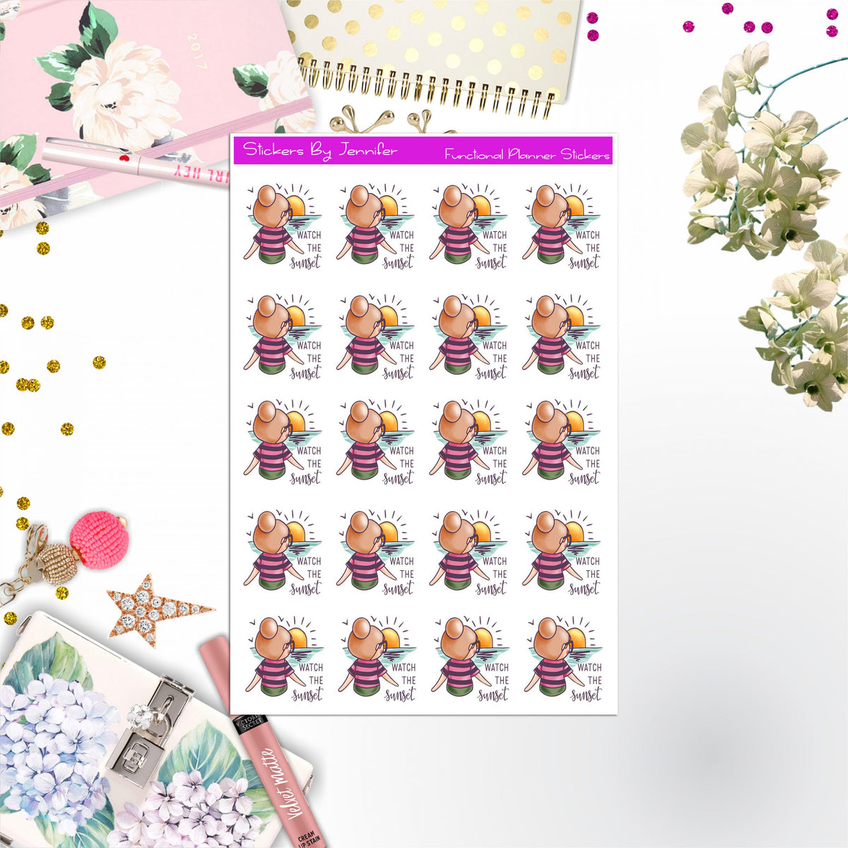 Watch The Sunset Character Girl Stickers, Planner Stickers, Journal Stickers, Functional Planner Stickers, Stationary Stickers