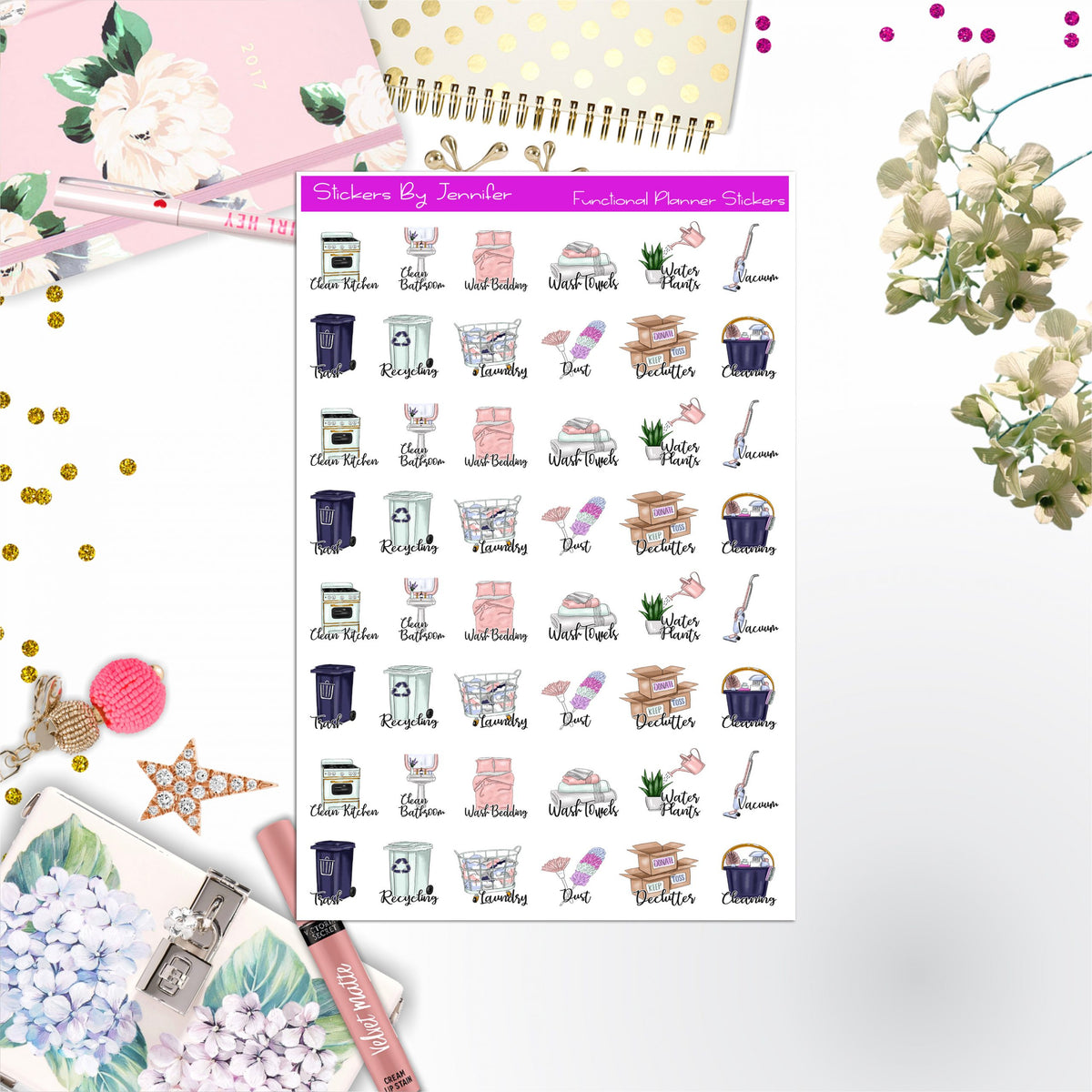 Cleaning Icon Stickers, Planner Stickers, Journal Stickers, Functional Planner Stickers, Stationary Stickers