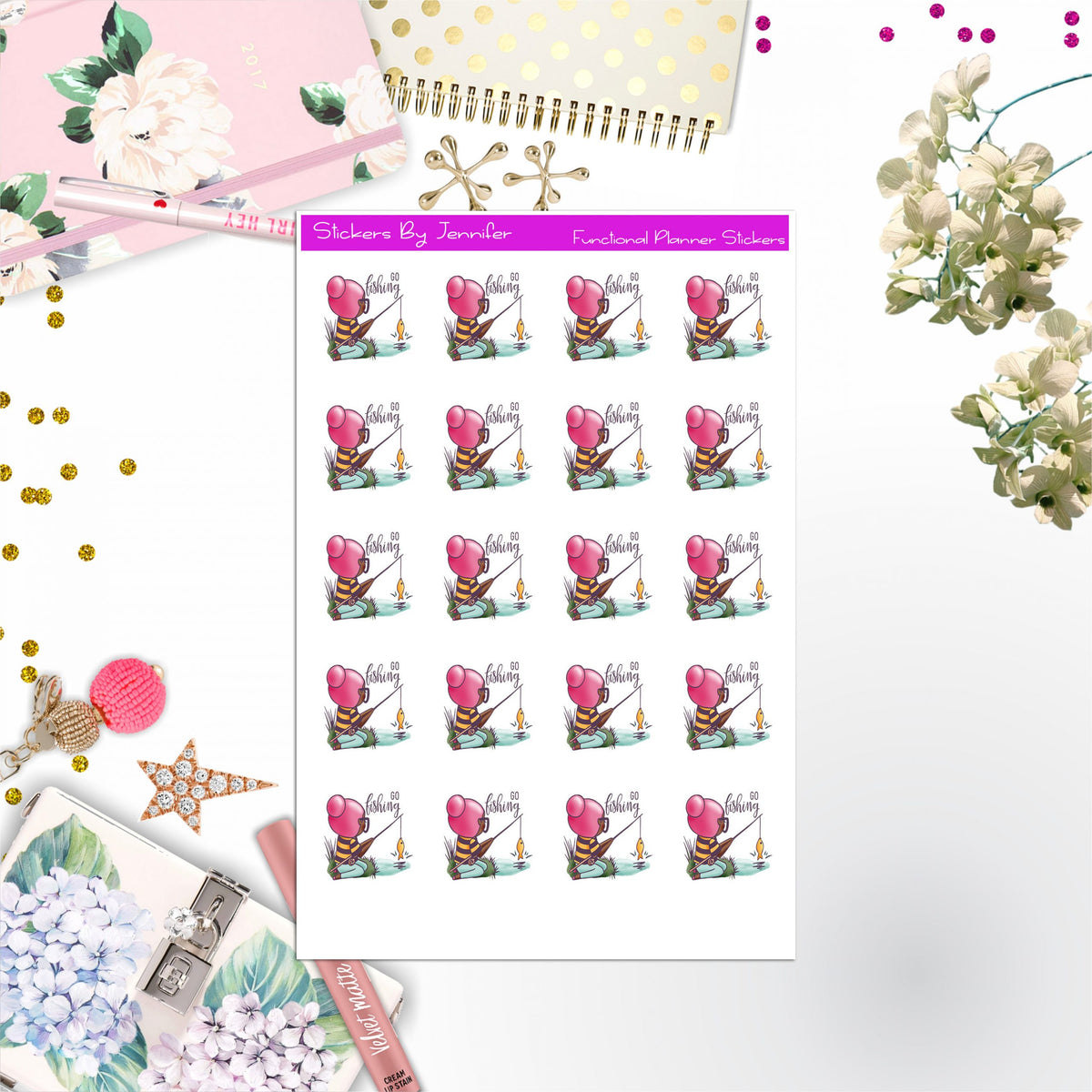 Go Fishing Character Girl Stickers, Planner Stickers, Journal Stickers, Functional Planner Stickers, Stationary Stickers