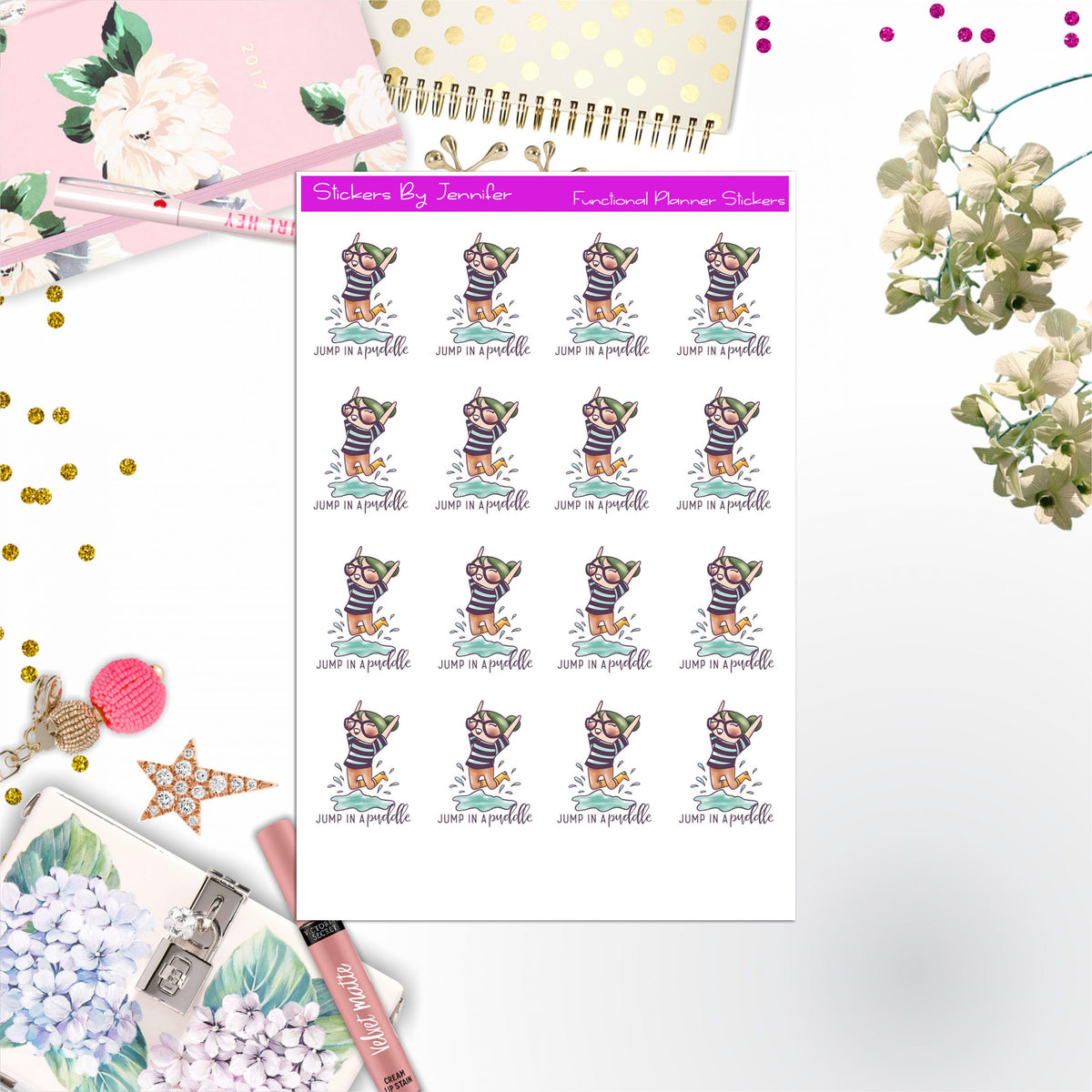 Jump In A Puddle Character Girl Stickers, Planner Stickers, Journal Stickers, Functional Planner Stickers, Stationary Stickers