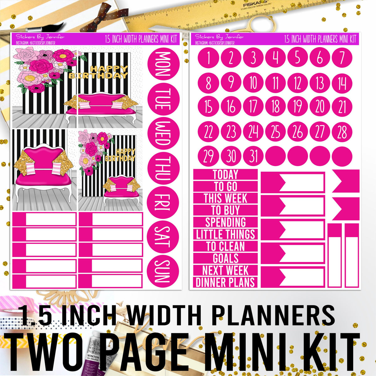 Two Page 1.5 Inch Width Mini Kit 018 Planner Stickers, Bullet Journal Stickers, Functional Planner Stickers, Stationary Stickers