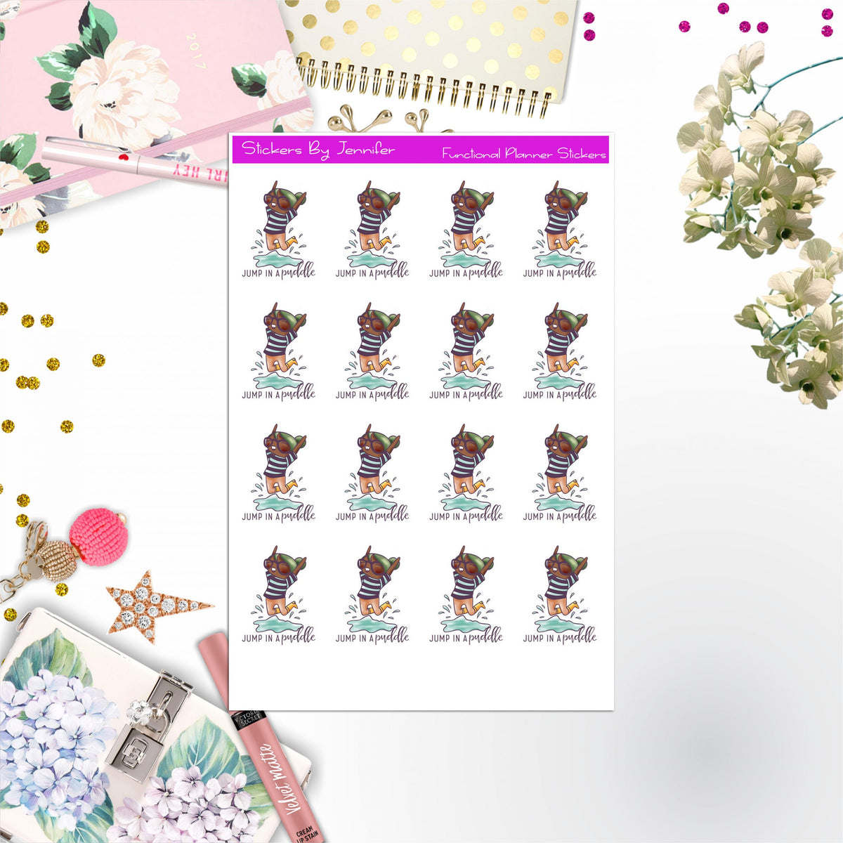 Jump In A Puddle Character Girl Stickers, Planner Stickers, Journal Stickers, Functional Planner Stickers, Stationary Stickers