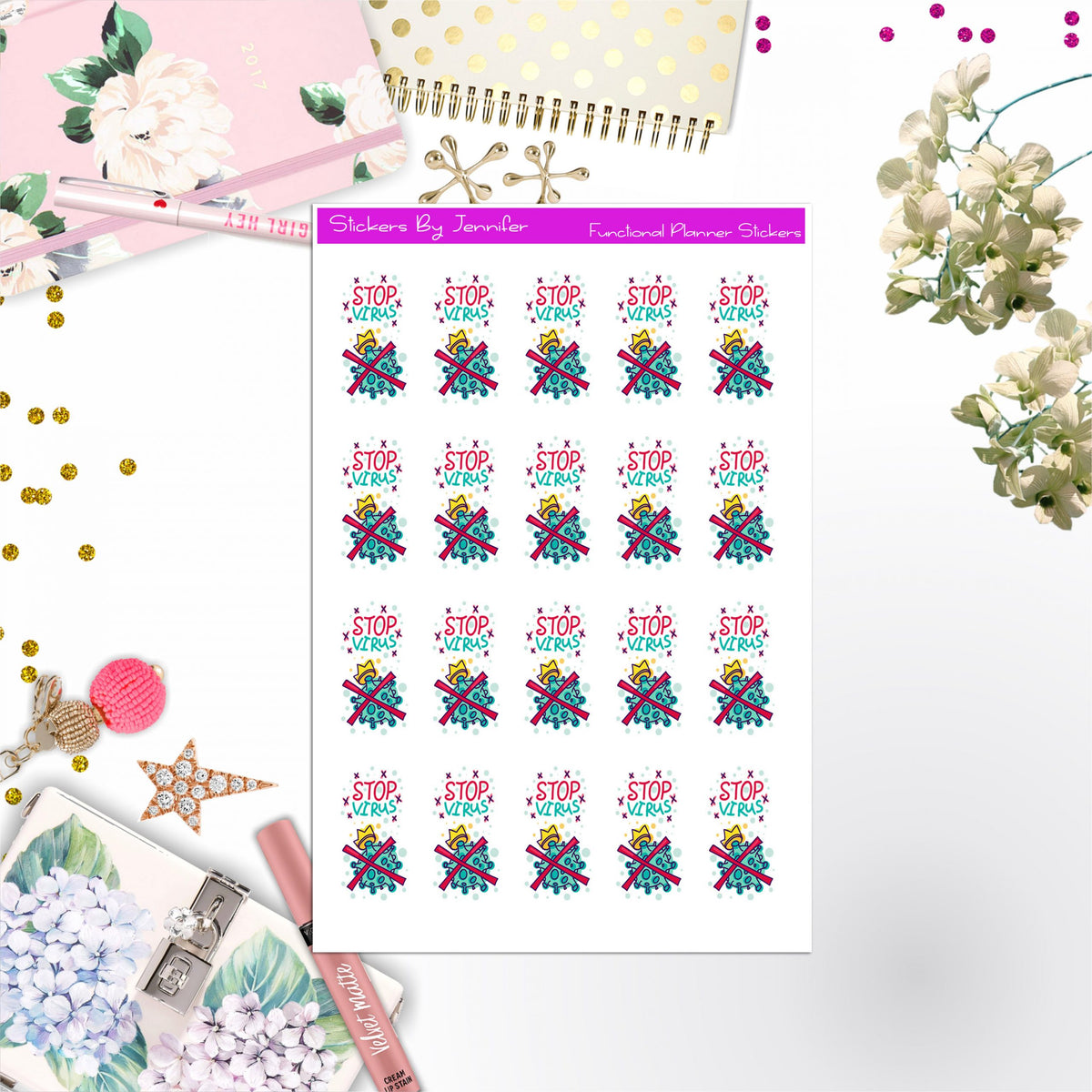 Stop Virus Icon Stickers, Bullet Journal Stickers, Functional Planner Stickers, Stationary Stickers