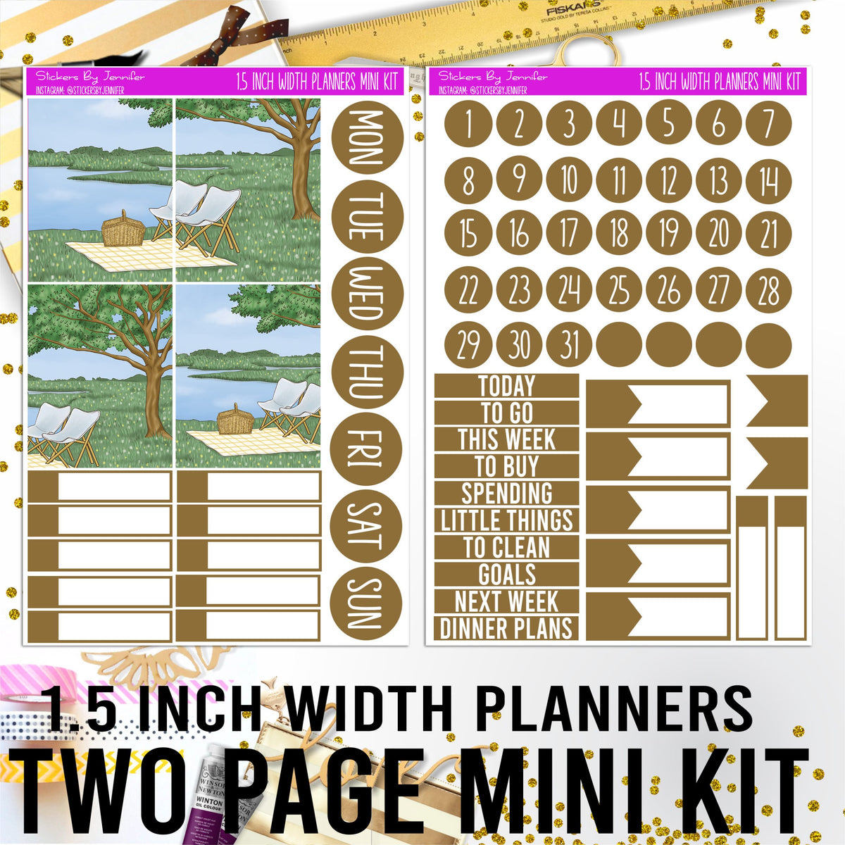 Two Page 1.5 Inch Width Mini Kit 002 Planner Stickers, Bullet Journal Stickers, Functional Planner Stickers, Stationary Stickers