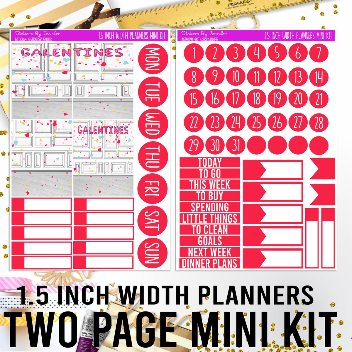 Two Page 1.5 Inch Width Mini Kit 020 Planner Stickers, Bullet Journal Stickers, Functional Planner Stickers, Stationary Stickers