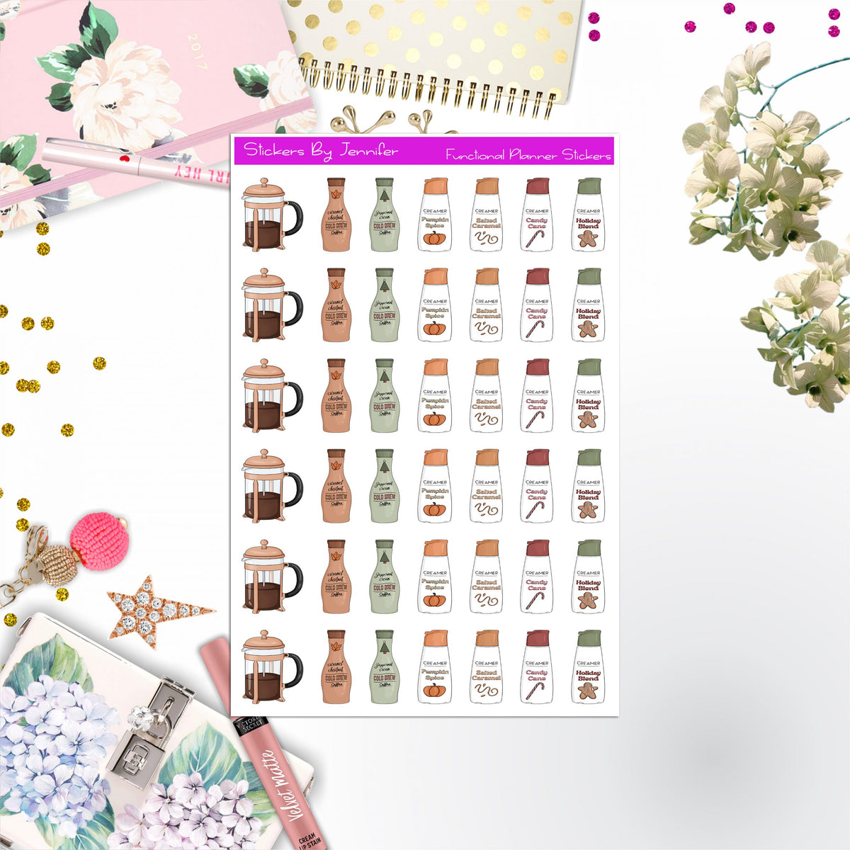 Coffee/Creamer Stickers, Planner Stickers, Journal Stickers, Functional Planner Stickers, Stationary Stickers