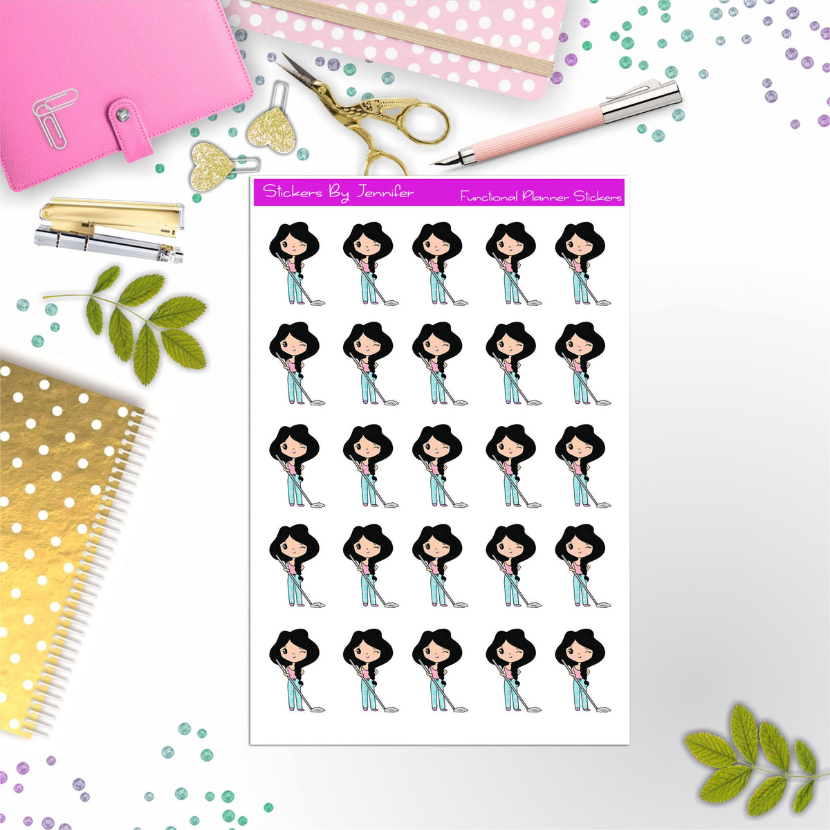 Cleaning Girl Planner Stickers, Bullet Journal Stickers, Functional Planner Stickers, Stationary Stickers