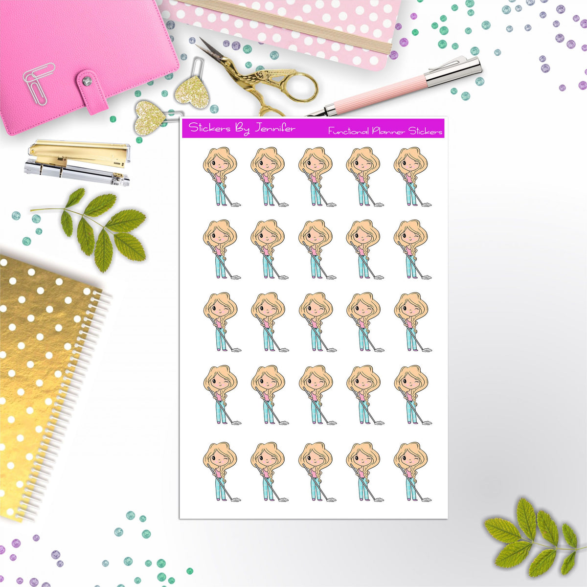 Cleaning Girl Planner Stickers, Bullet Journal Stickers, Functional Planner Stickers, Stationary Stickers