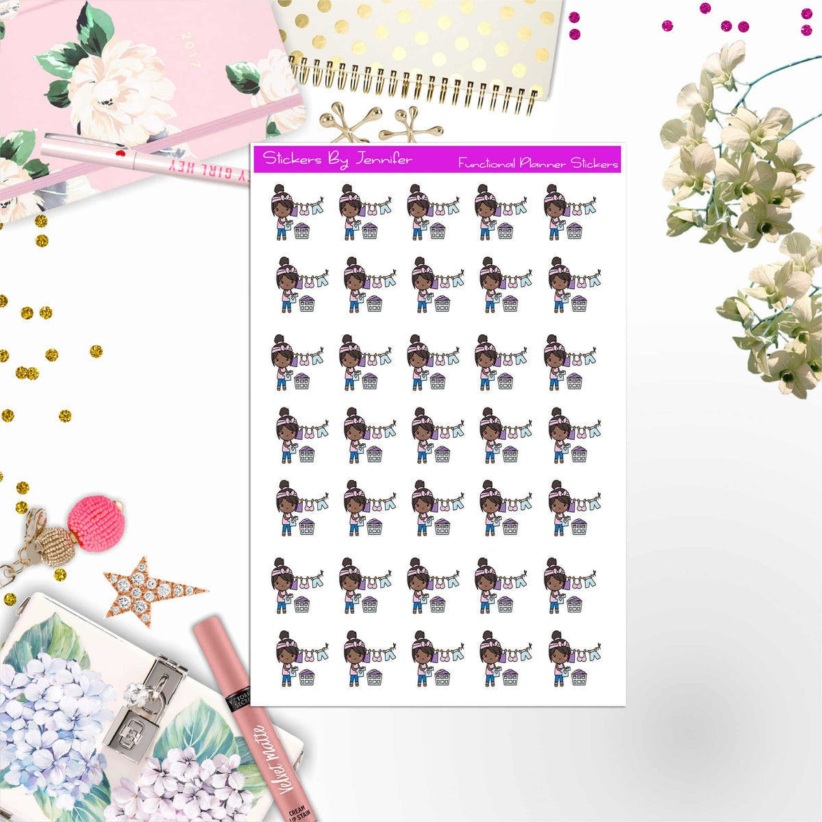 Laundry Girl Planner Stickers, Bullet Journal Stickers, Functional Planner Stickers, Stationary Stickers