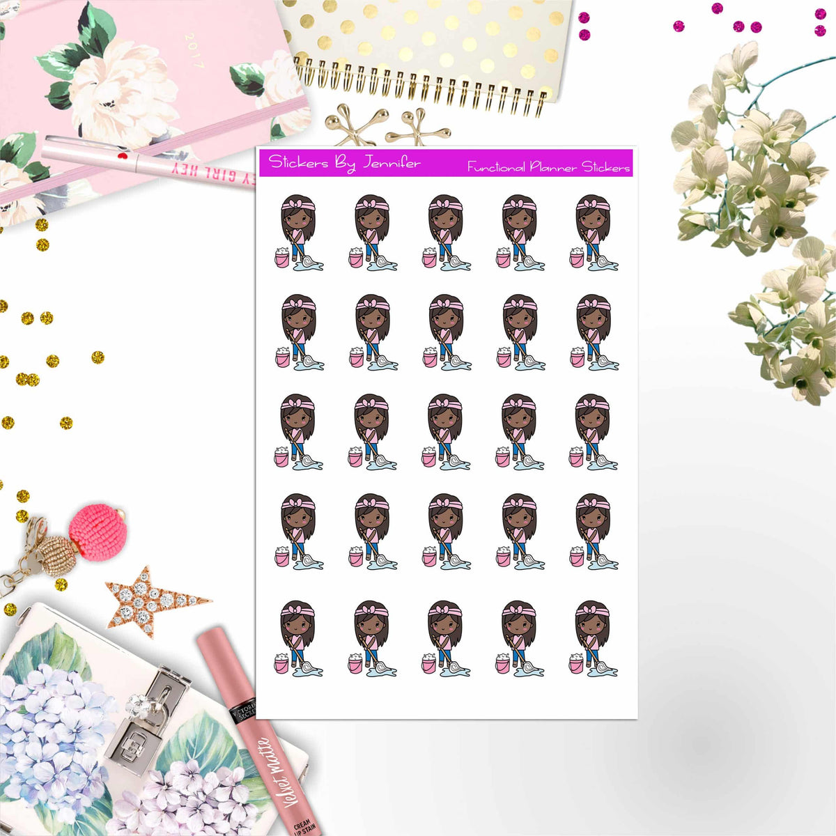 Mopping Floors Girl Planner Stickers, Bullet Journal Stickers, Functional Planner Stickers, Stationary Stickers