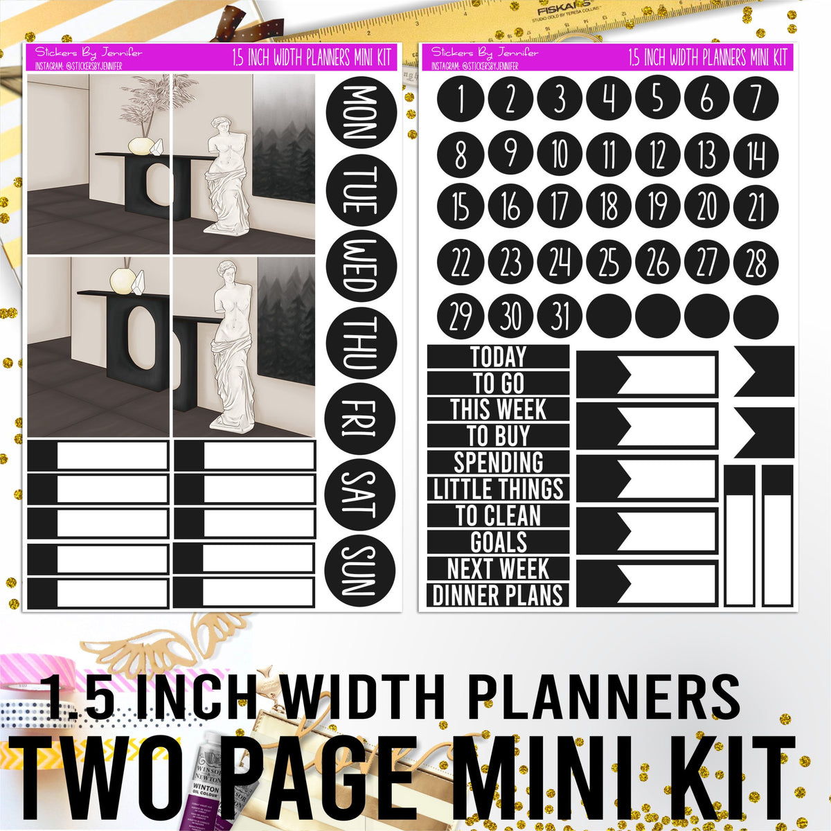 Two Page 1.5 Inch Width Mini Kit 003 Planner Stickers, Bullet Journal Stickers, Functional Planner Stickers, Stationary Stickers