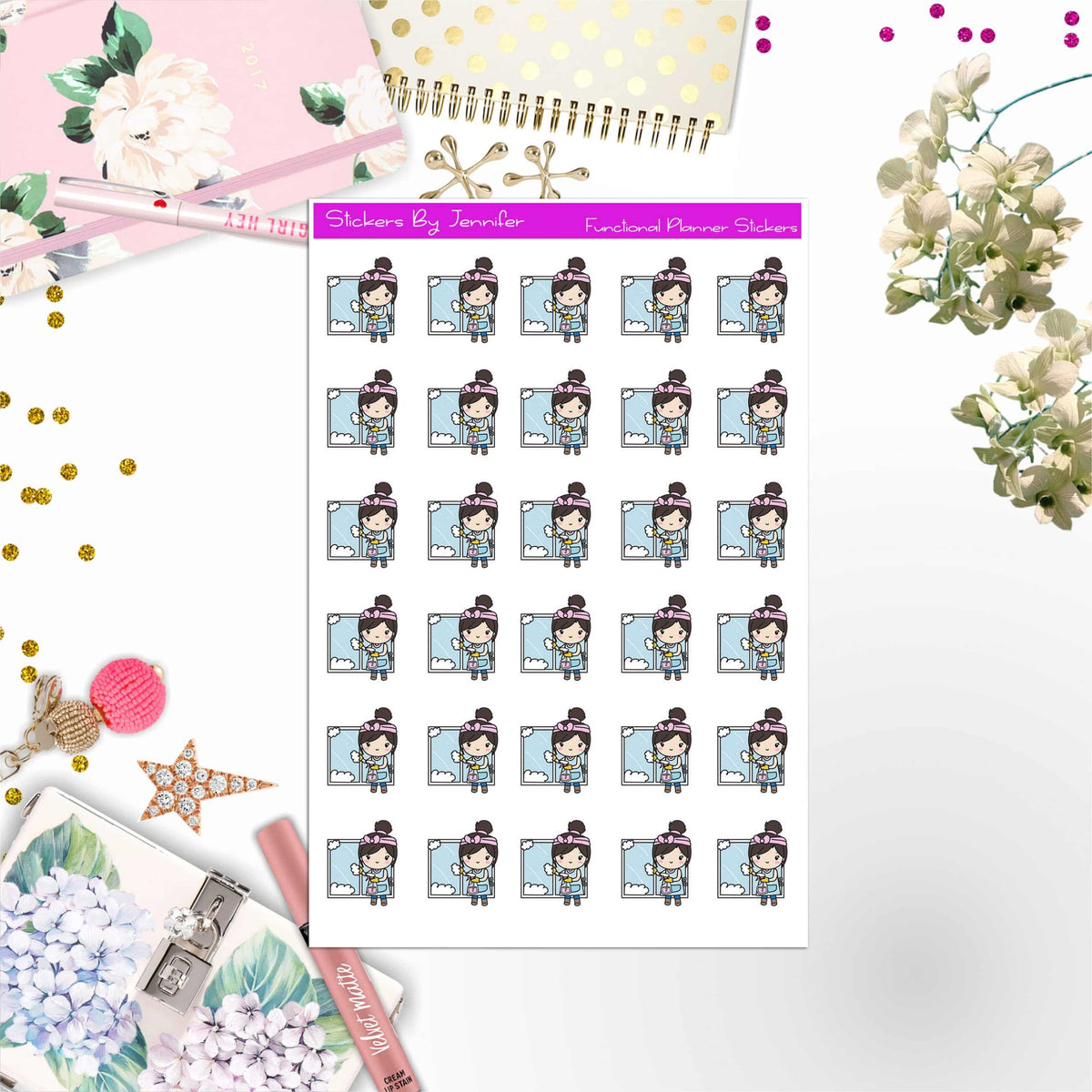 Cleaning Girl Planner Stickers, Bullet Journal Stickers, Functional Planner Stickers, Stationary Stickers