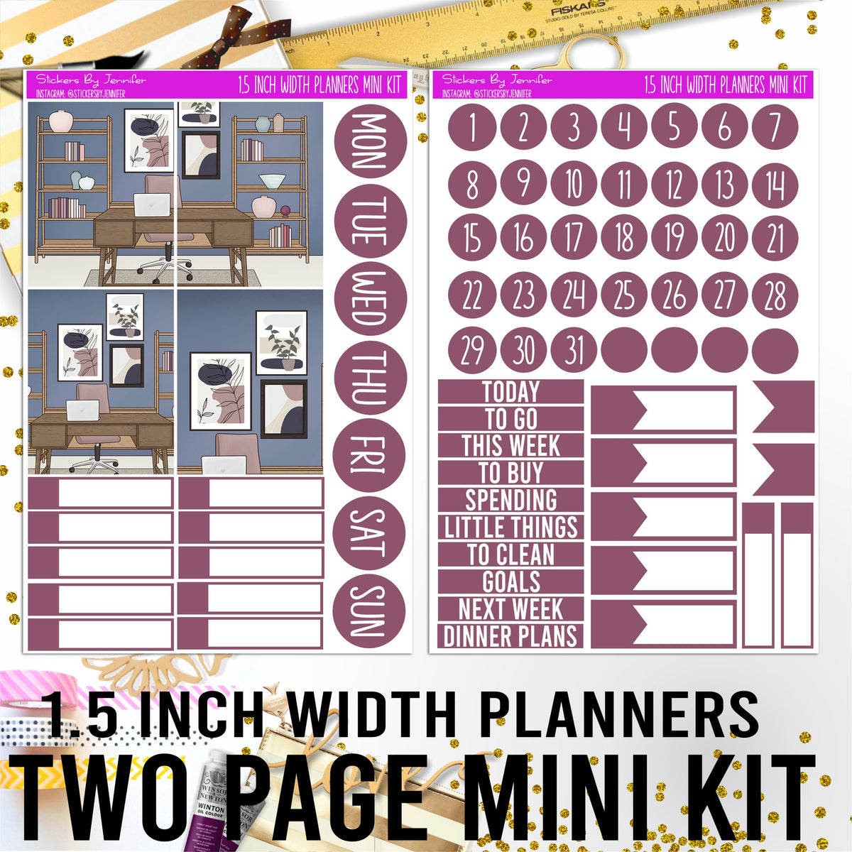 Two Page 1.5 Inch Width Mini Kit 004 Planner Stickers, Bullet Journal Stickers, Functional Planner Stickers, Stationary Stickers