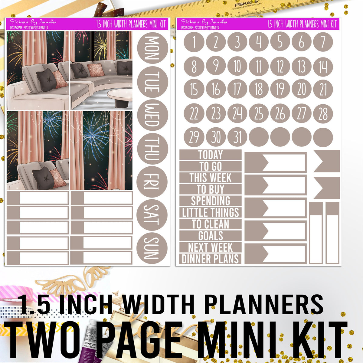 Two Page 1.5 Inch Width Mini Kit 006 Planner Stickers, Bullet Journal Stickers, Functional Planner Stickers, Stationary Stickers