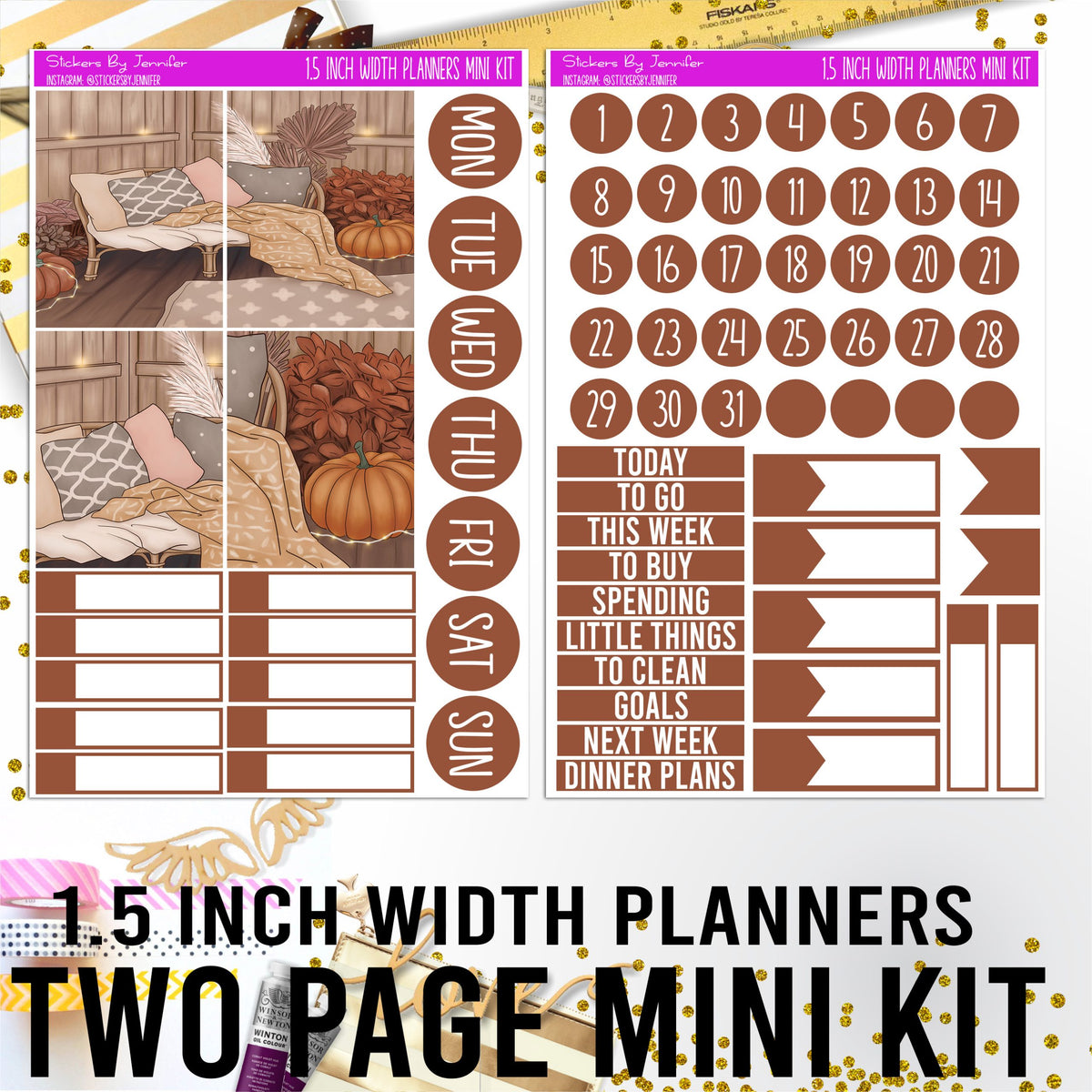 Two Page 1.5 Inch Width Mini Kit 008 Planner Stickers, Bullet Journal Stickers, Functional Planner Stickers, Stationary Stickers