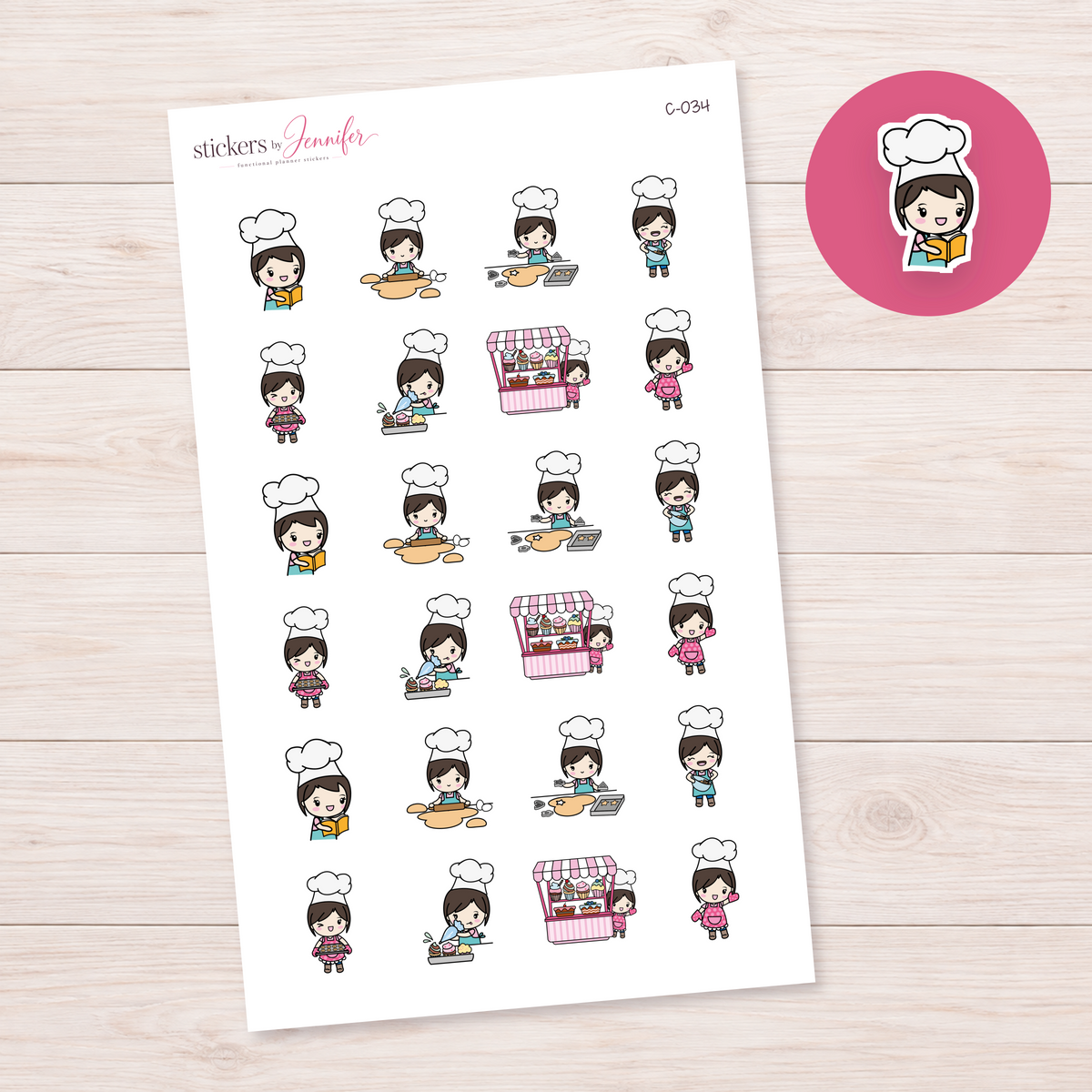 Baking Day Character Planner Stickers — light-skin dark-haired | C-034