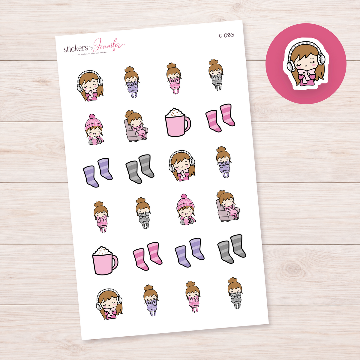 Cozy Day Character Planner Stickers — light-skin light-brown-haired | C-083