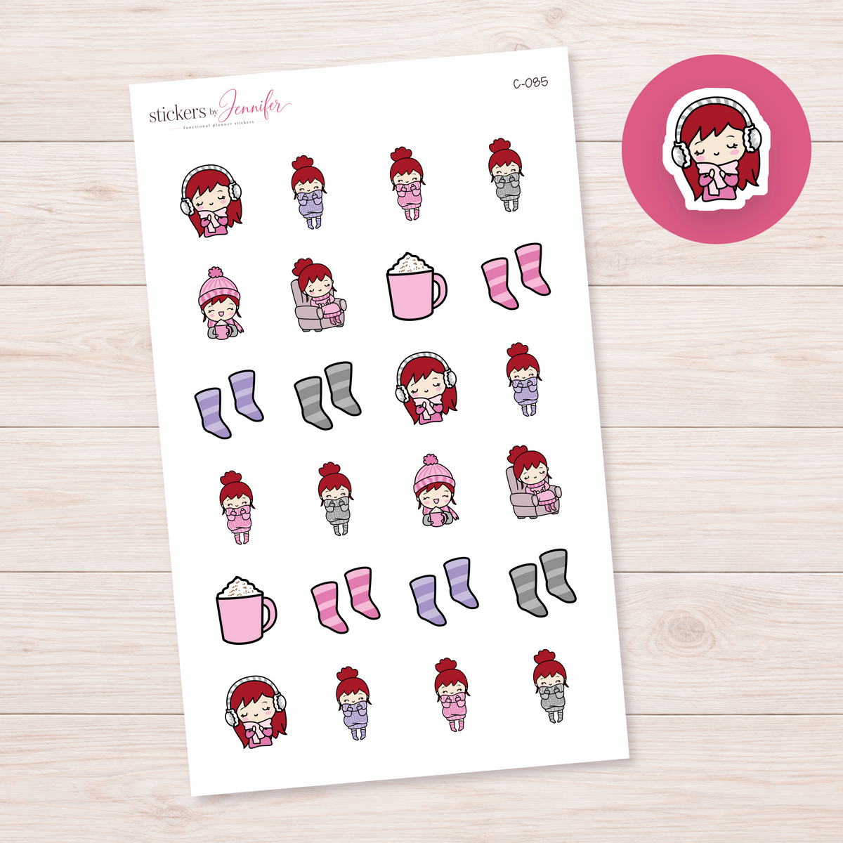 Cozy Day Character Planner Stickers — light-skin red-haired | C-085