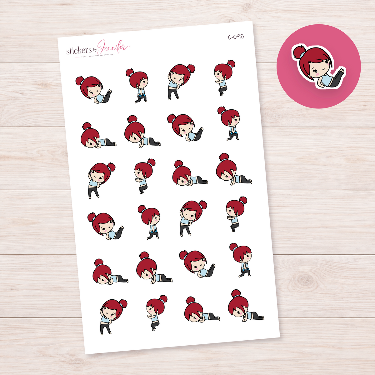 Fitness Exercises Character Planner Stickers — light-skin red-haired | C-095
