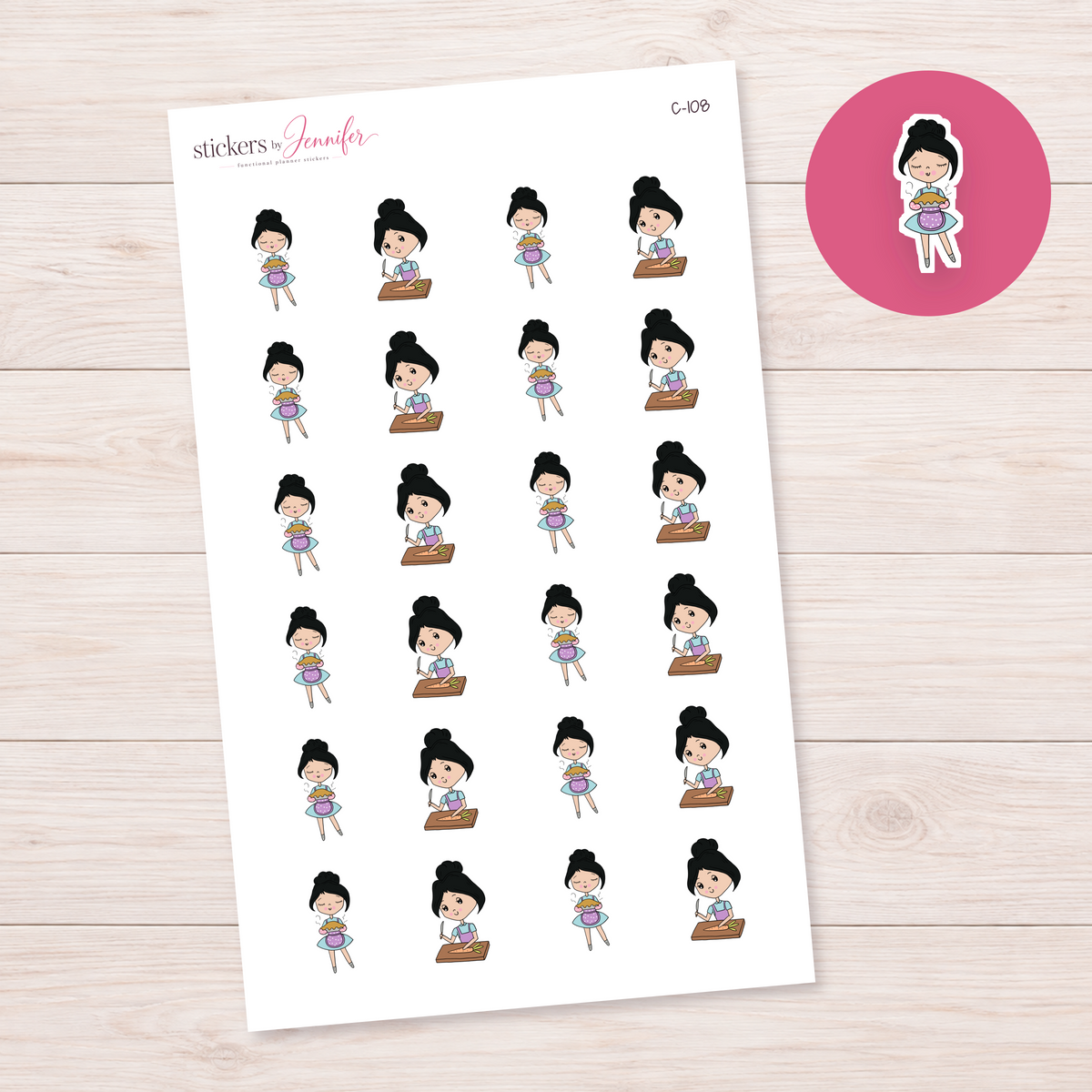 Cooking and Meal Prep Character Planner Stickers — light-skin black-haired | C-108