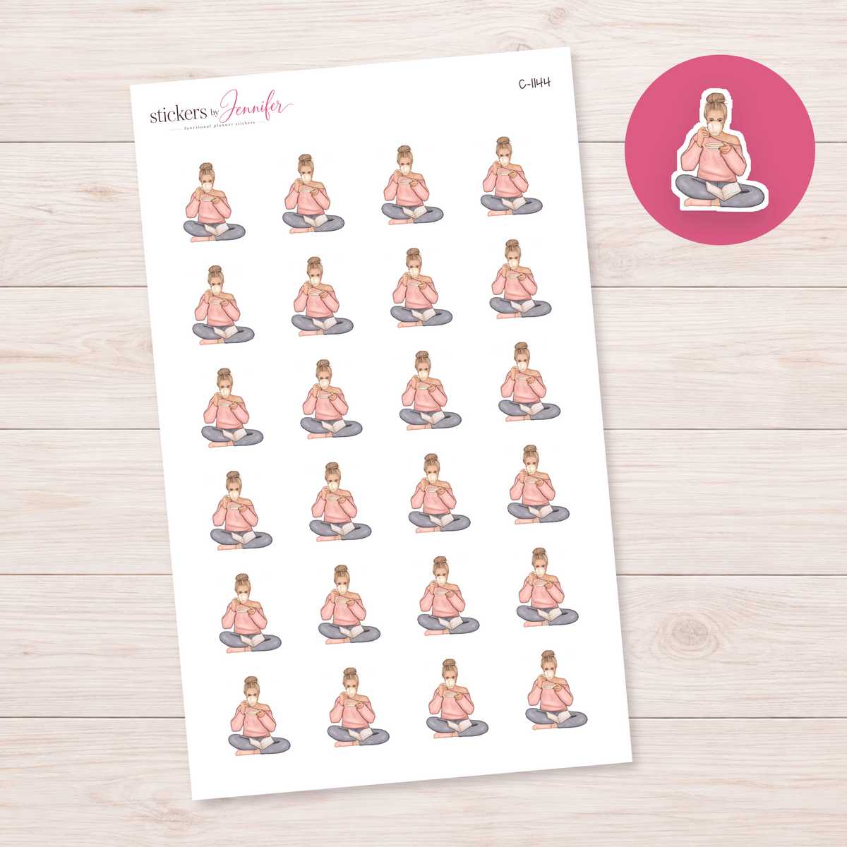 Cozy Seated Tea Character Planner Stickers | C-1144