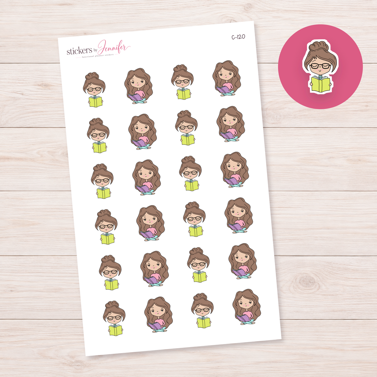 Reading Time Character Planner Stickers — light-skin brunette | C-120