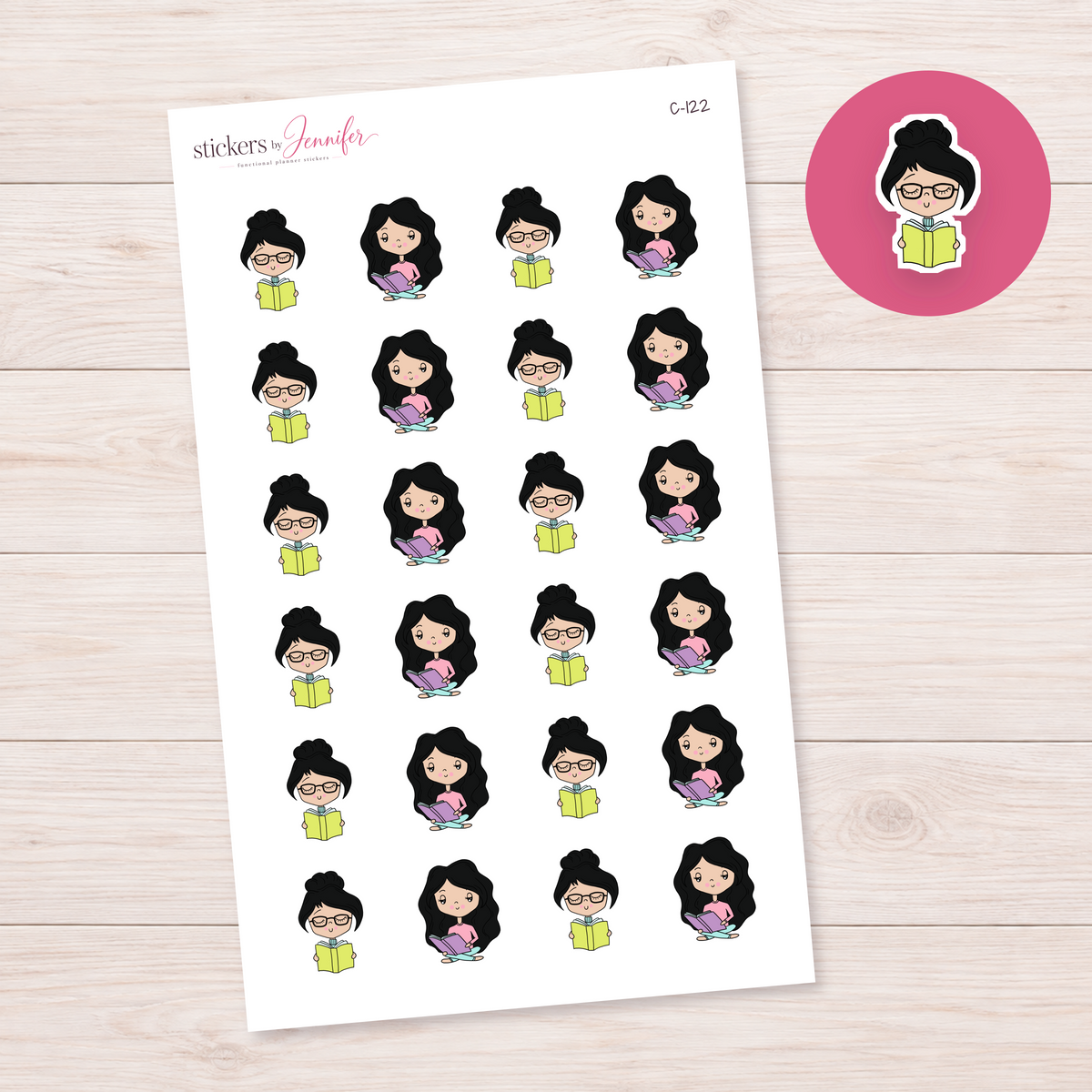 Reading Time Character Planner Stickers — light-skin black-haired | C-122