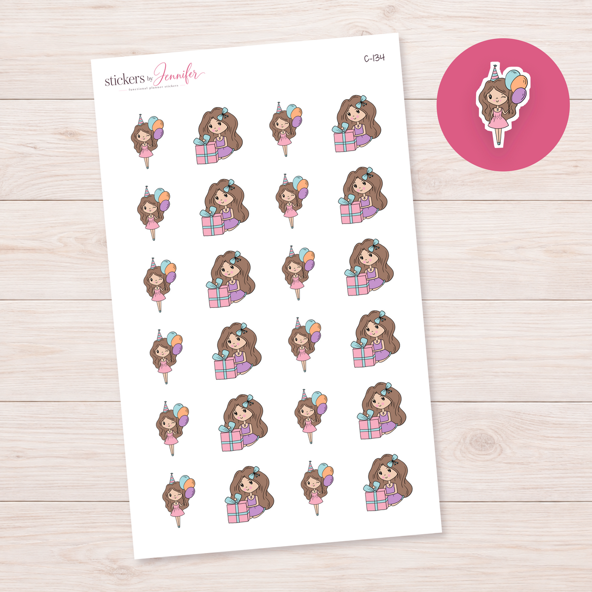 Birthday Celebration Character Planner Stickers — light-skin brunette | C-134