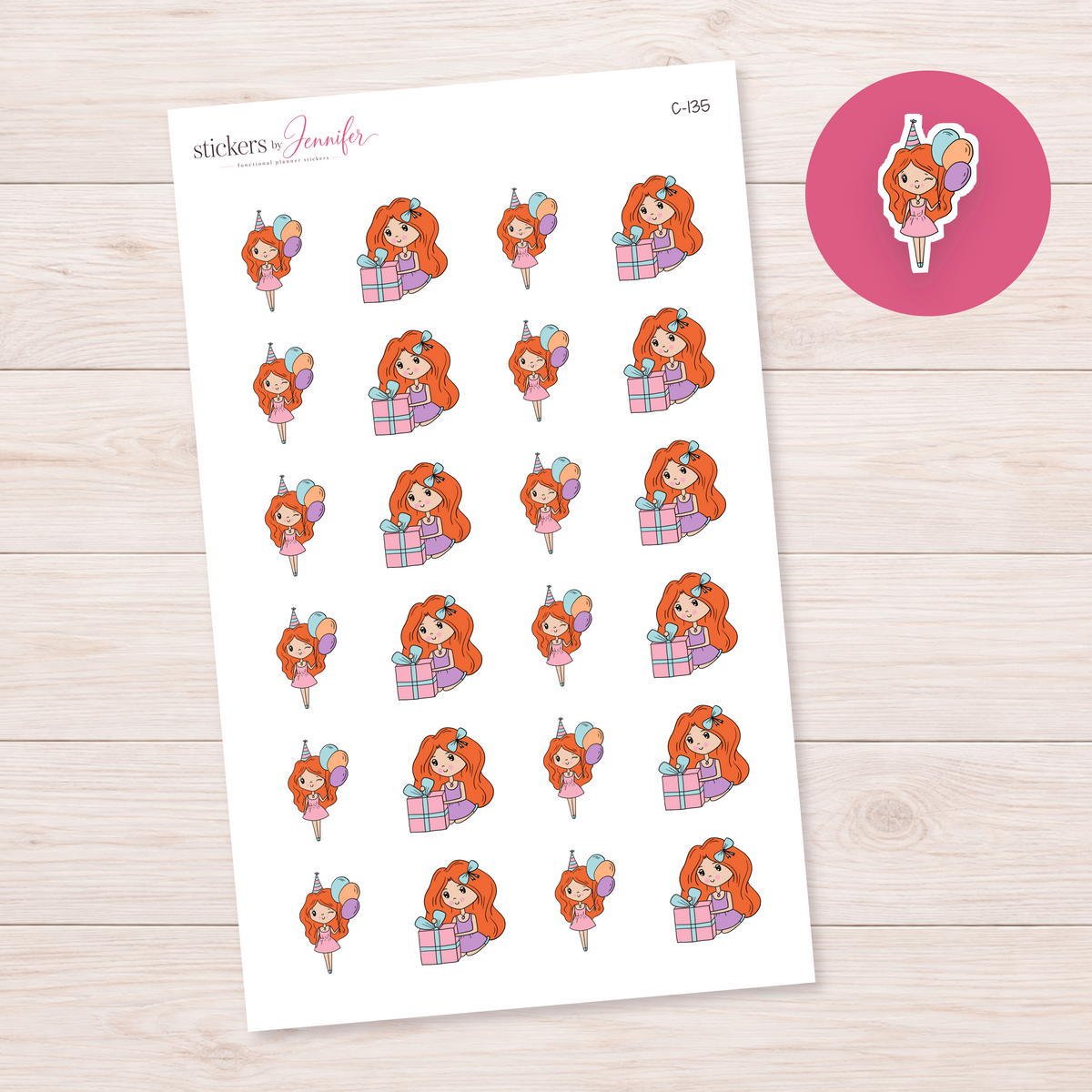 Birthday Celebration Character Planner Stickers — light-skin red-haired | C-135
