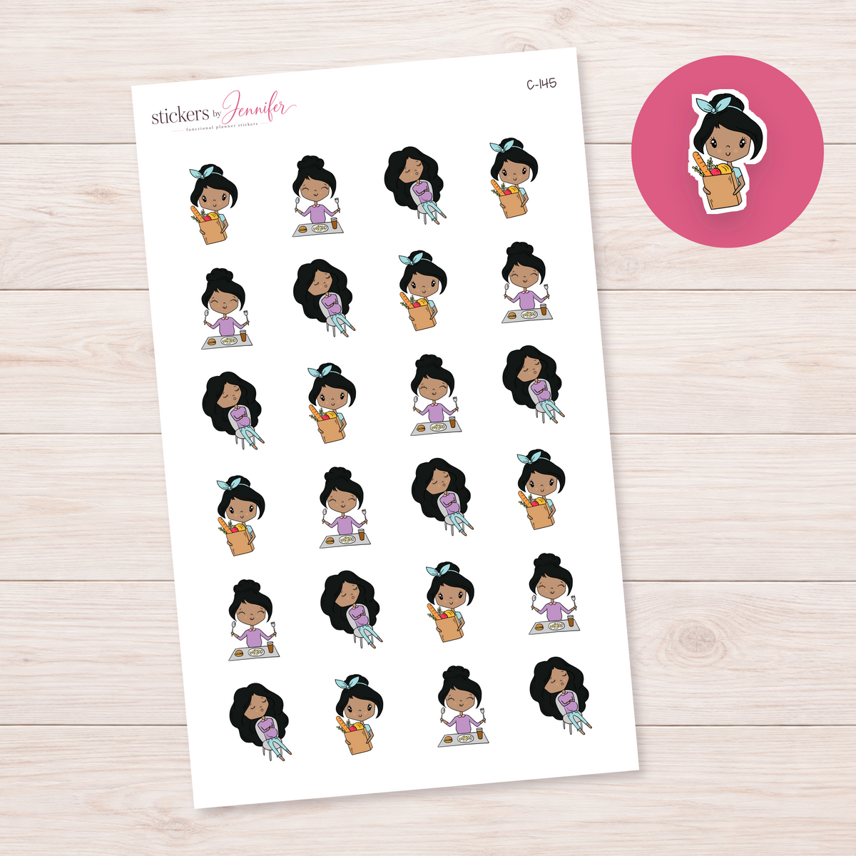 Food and Groceries Character Planner Stickers — Black black-haired | C-145