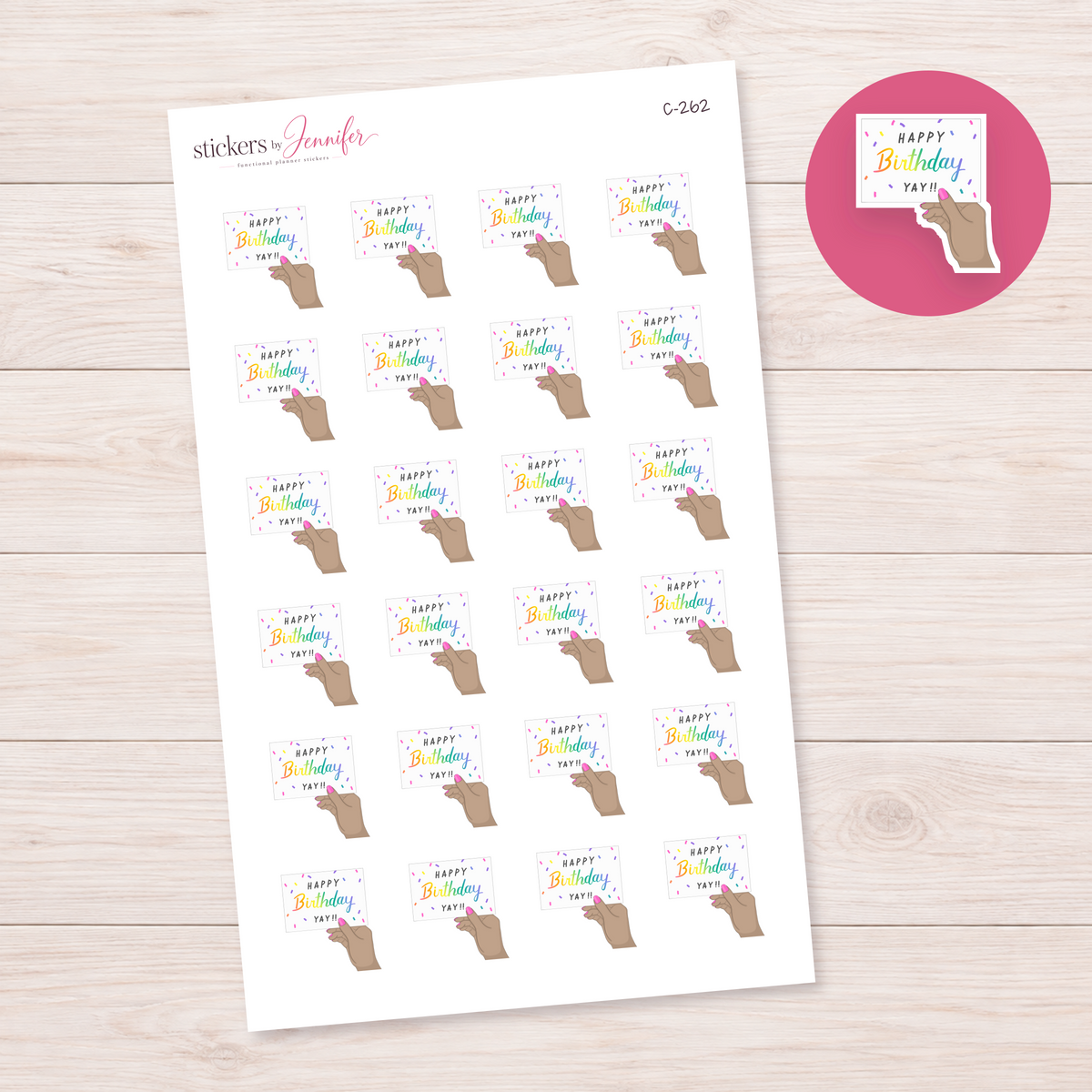 Happy Birthday Card in Hand — Tan Skin Planner Stickers | C-262
