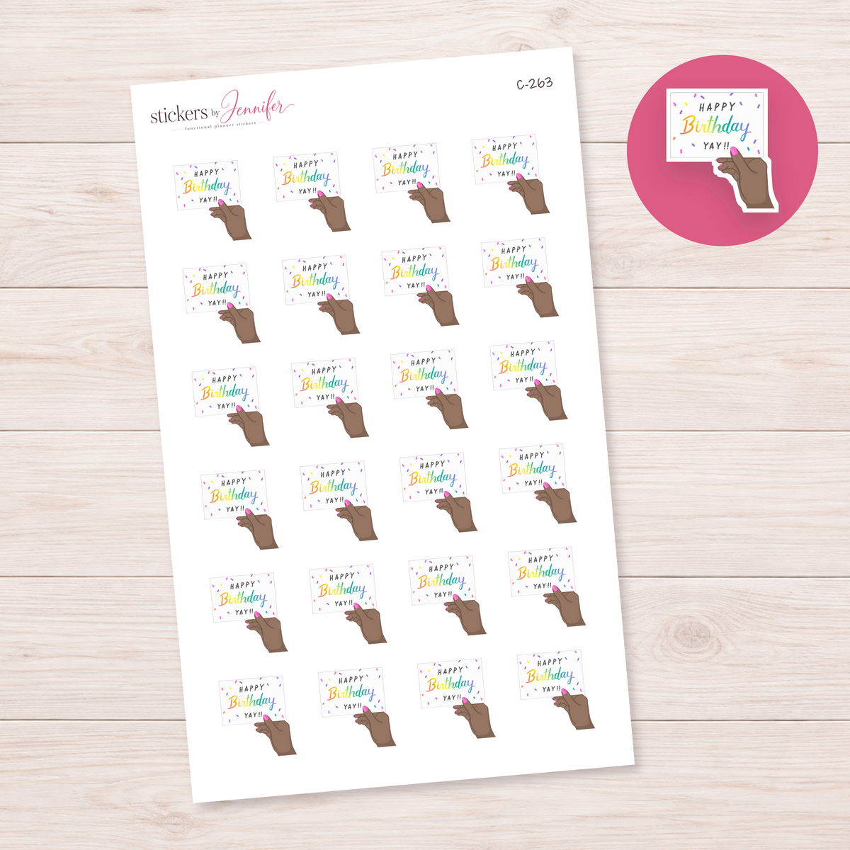 Happy Birthday Card in Hand — Brown Skin Planner Stickers | C-263
