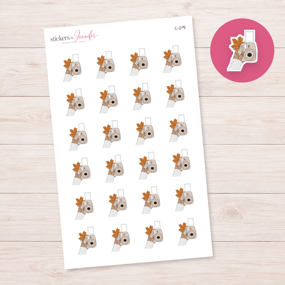 Instant Camera and Autumn Leaves — Tan Skin Planner Stickers | C-291