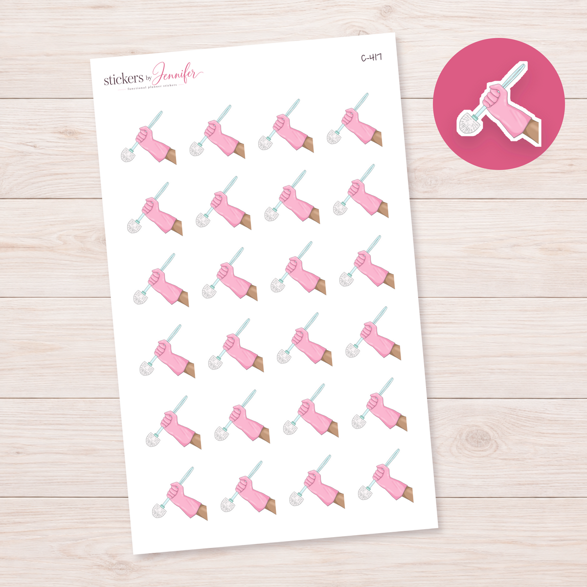 Pink Cleaning Glove and Brush — Tan Skin Planner Stickers | C-417