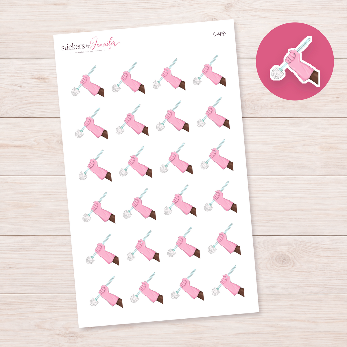Pink Cleaning Glove and Brush — Deep Skin Planner Stickers | C-418