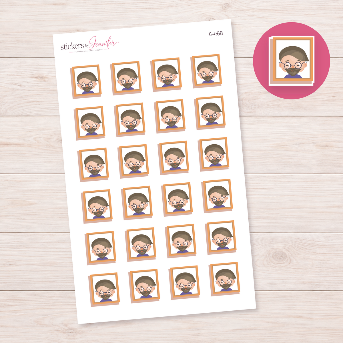 Framed Bearded Grandpa Portrait Planner Stickers | C-455