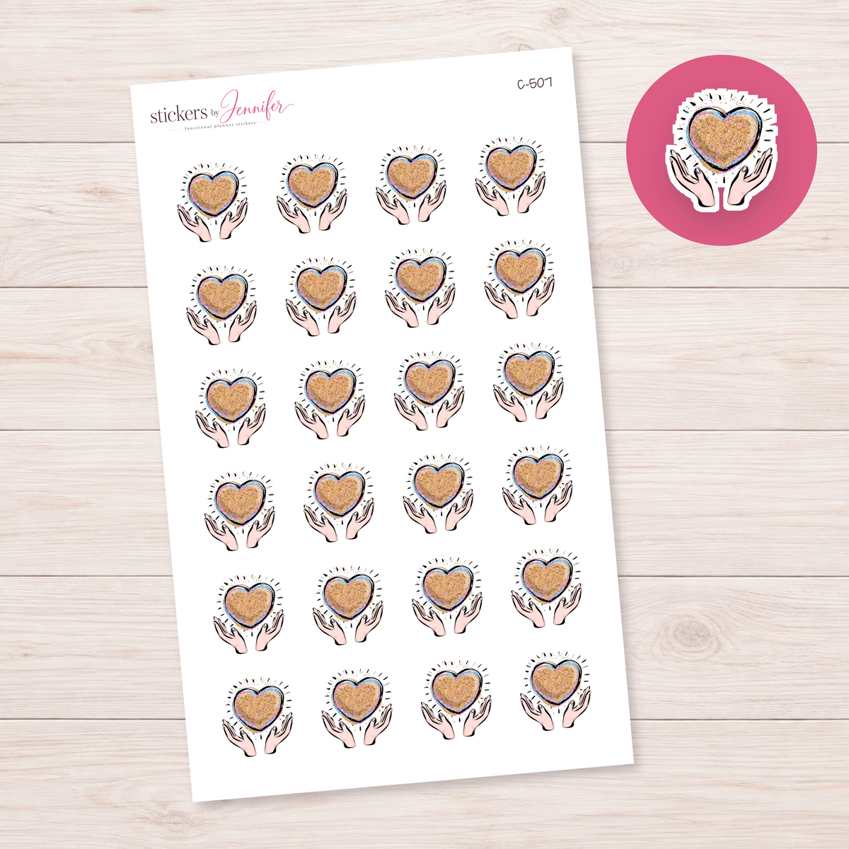Gold Heart in Hands — Pink Skin Planner Stickers | C-507