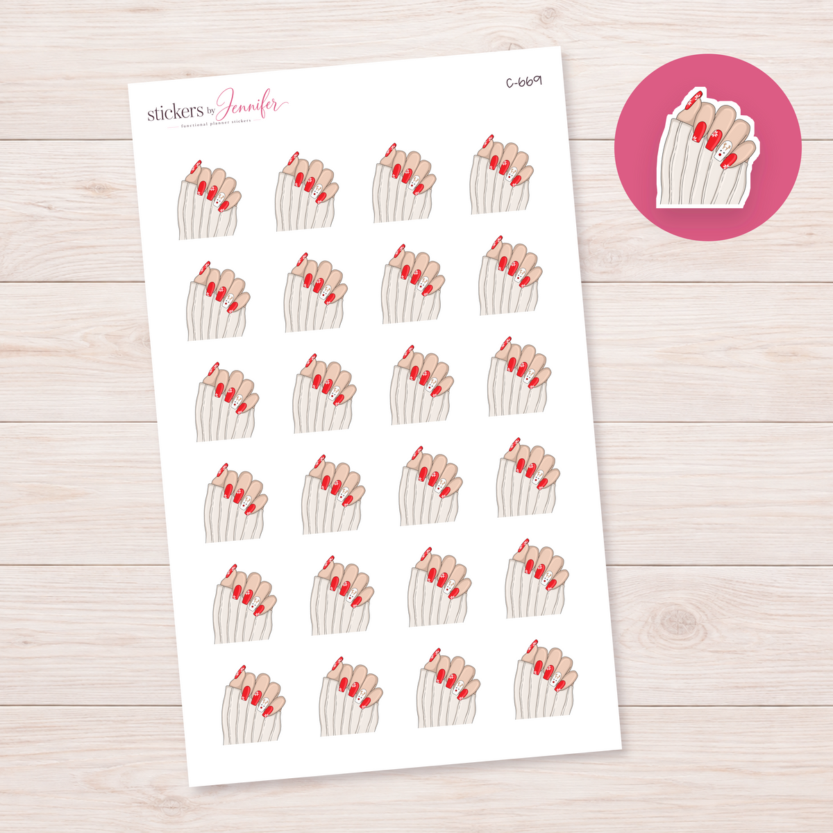 Red and White Holiday Manicure — Light Skin Planner Stickers | C-669