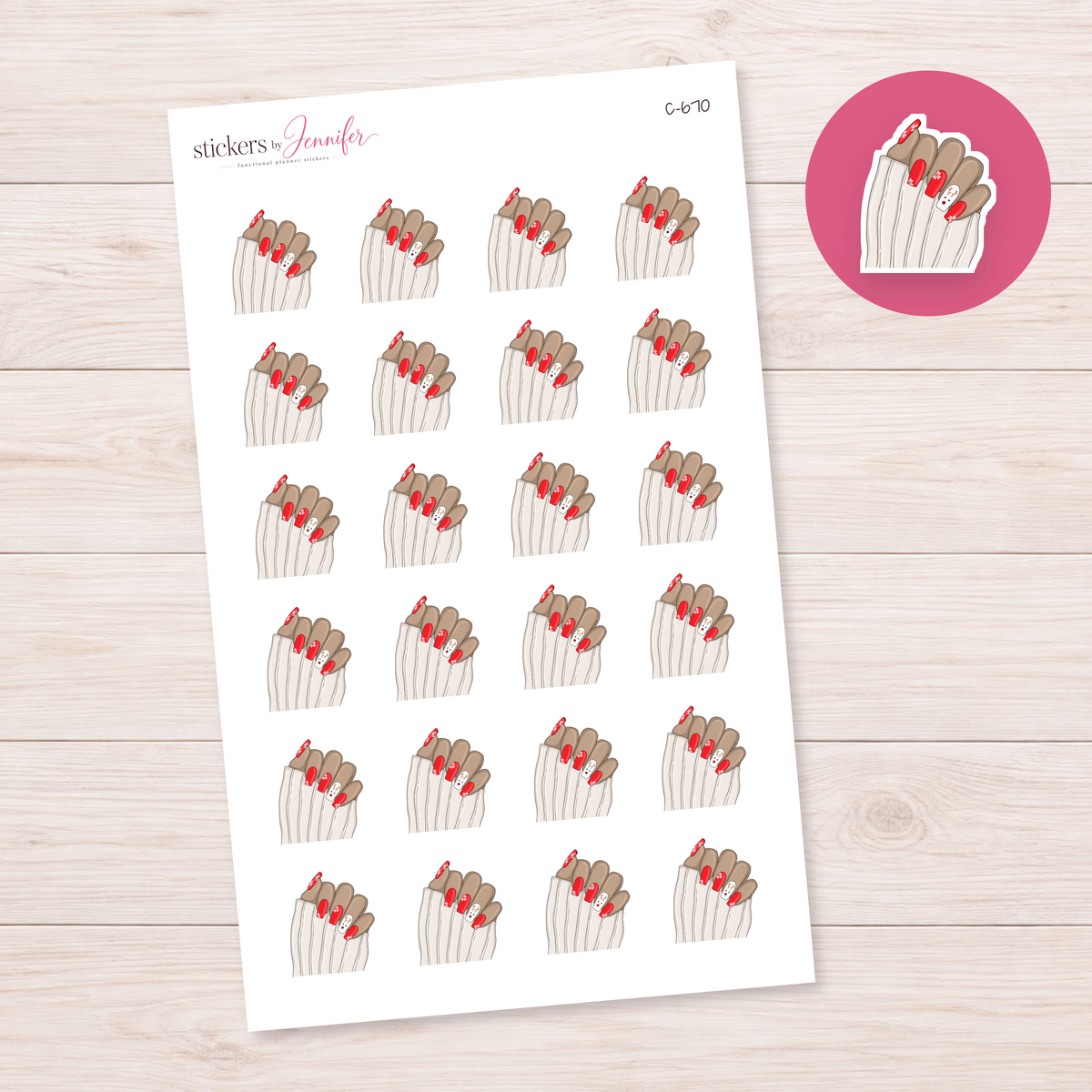 Red and White Holiday Manicure — Tan Skin Planner Stickers | C-670