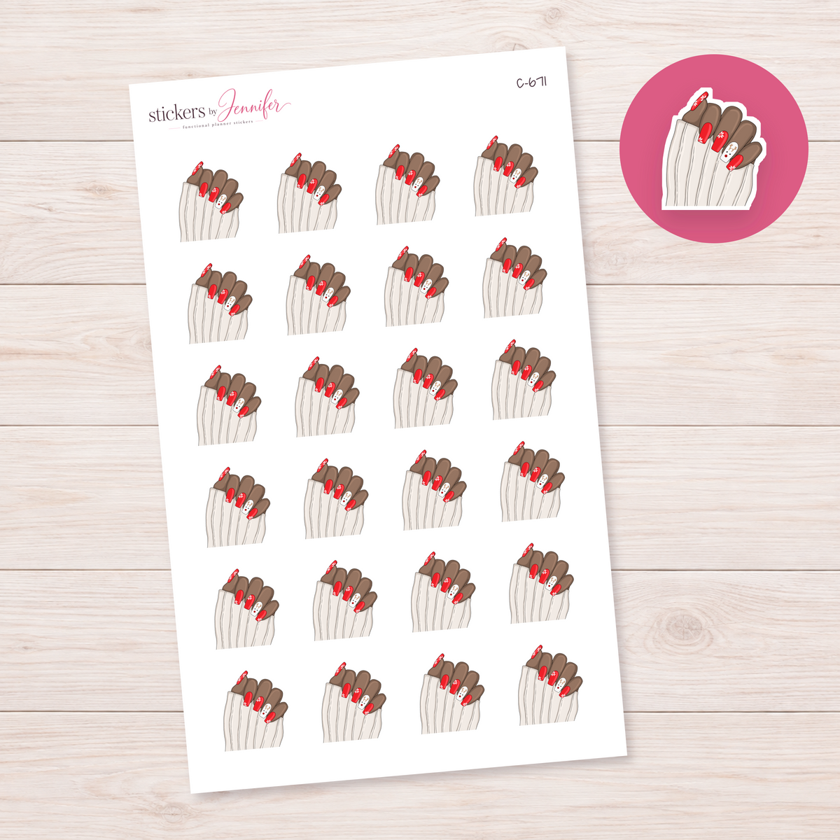 Red and White Holiday Manicure — Medium Brown Skin Planner Stickers | C-671