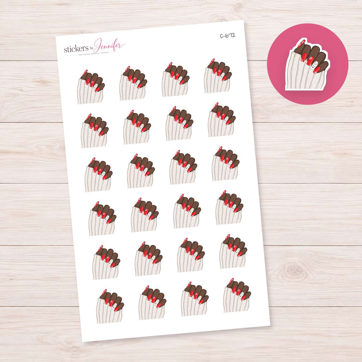 Red and White Holiday Manicure — Deep Brown Skin Planner Stickers | C-672