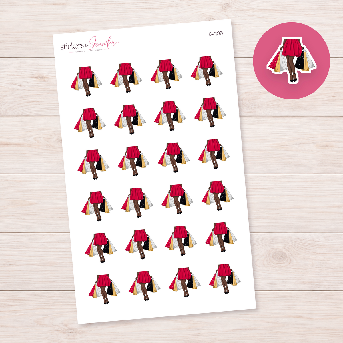 Red Dress Shopping Trip — Brown Skin Planner Stickers | C-708