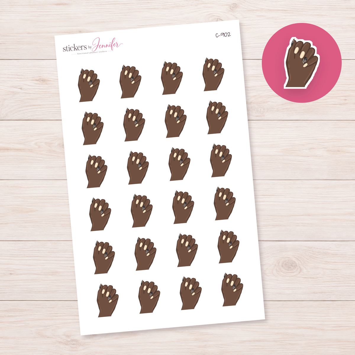 Cream and Black Accent Nails — Deep Brown Skin Planner Stickers | C-902