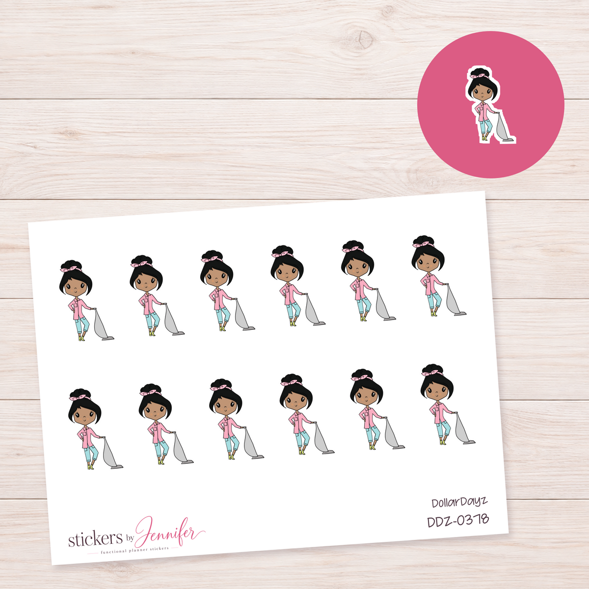 Vacuuming Character — Black Hair Planner Stickers | DDZ-0378