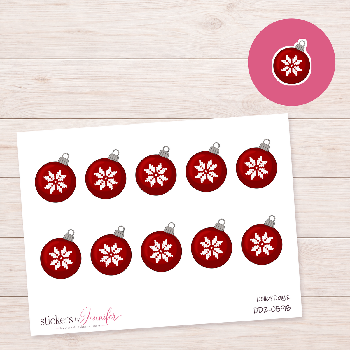 Red Snowflake Ornament Planner Stickers | DDZ-0598